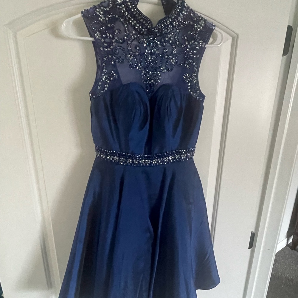 Sherri Hill Elegant Navy Blue Beaded Dress Size 0 but altered to fit 00.